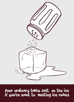 Pour ordinary table salt on the ice if you're want to melting ice cubes. Stock Illustration