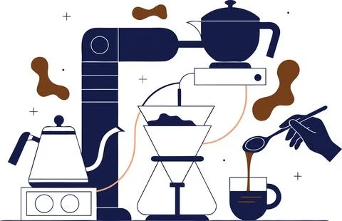 Pour over coffee brewing process with coffee machine and kettle art. Ilustração Stock