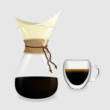 Pour over coffee maker with paper filter and cup of coffee. Stock Illustration