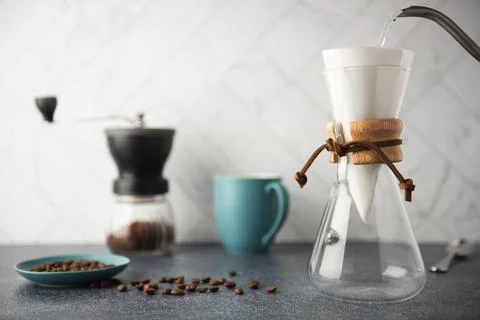 Pour Over Coffee Preparation on clean granite counter top Stock Photos