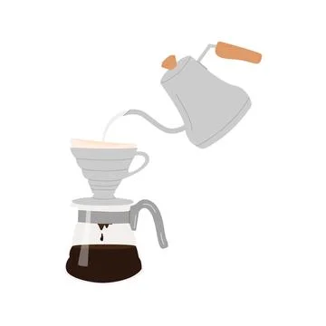 Pour over drip coffee artwork. Manual alternative coffee brewing technique and m Stock Illustration