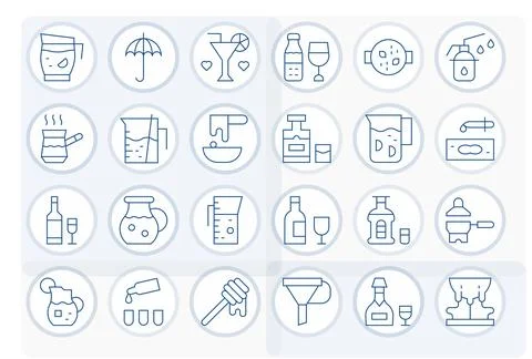 Pour Vector Icon Collection featuring 24 Grid Fitted High Resolution Thin L.. Stock Illustration