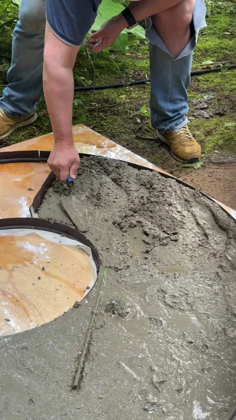 Pouring and Spreading Concrete in a Round Mold for DIY Fire Pit Table Stock Footage 342002014