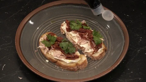 Pouring balsamic dressing above view Stock Footage 113528388