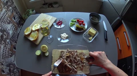 Pouring barbecue sauce on a pulled pork with female hands on the kitchen, pov Stock Footage 64666874