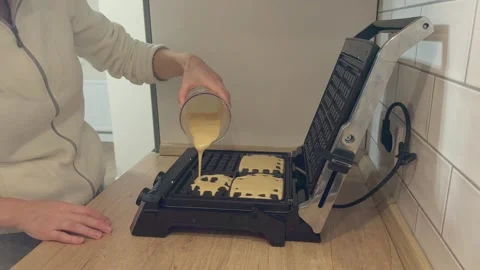 Pouring Batter Into Waffle Iron Close Up Making Homemade Waffles Stock Footage 344248878