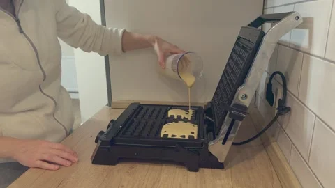 Pouring Batter Into Waffle Maker Close Up Cooking Homemade Waffles Breakfast Stock Footage 344248506
