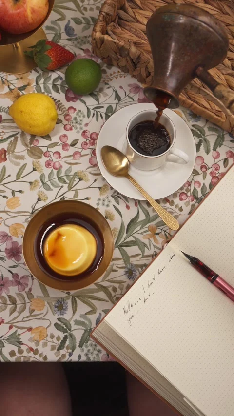 Pouring black coffee beside flan pudding and notebook top view Vertical Video Stock Footage 335422367