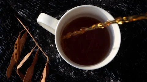 Pouring black tea in white cup on knitted background and autumn branch. Hot d Stock Footage 119305637