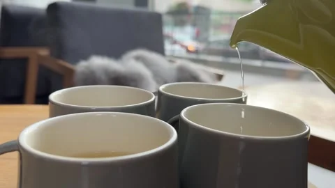 Pouring citrus tea in cup close-up. Fresh hot herbal tea with mint and oranges Stock Footage 325033499