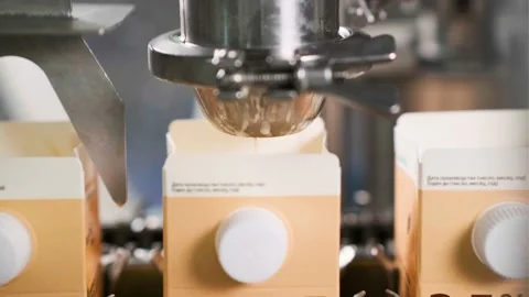 Pouring the dairy product into the packaging. Stock Footage 171733342