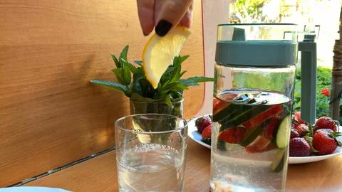 Pouring Detox Water from Pitcher and Adding Lemon Slice into Glass Stock Photos
