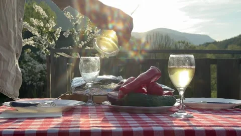 Pouring Drink at Rustic Picnic Table in Countryside, Outdoor Lifestyle and Slow  Stock Footage 333526663