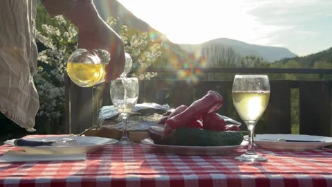 Pouring Drink at Rustic Picnic Table in Countryside, Outdoor Lifestyle and Slow  Stock-Footage 333526711
