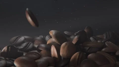 Pouring off-frame roasted coffee beans landing on pile in studio product set, Stock Footage 337505088