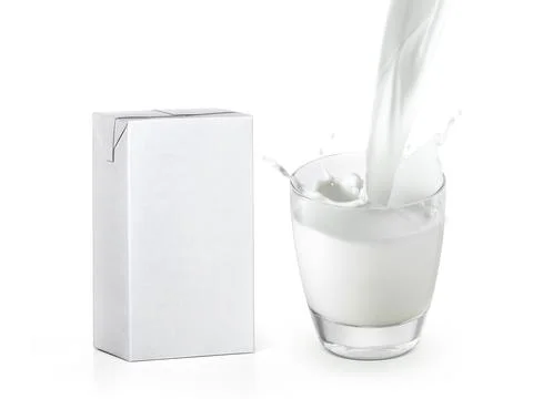 Pouring a glass of milk creating splash, and packaging box isolated on a whit 写真素材