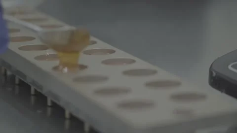 Pouring hot liquid wax into a multi-cavity mold using a spoon. Stock-Footage 330156190