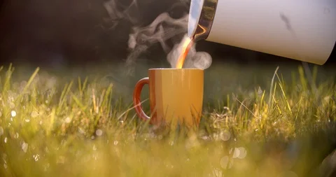 Pouring hot tea into a cup in the grass.Self-isolation in countryside. Stock Footage 128324543