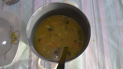 Pouring hot vegetable and chicken soup from a ladle into a plate. 库存影片 343397064