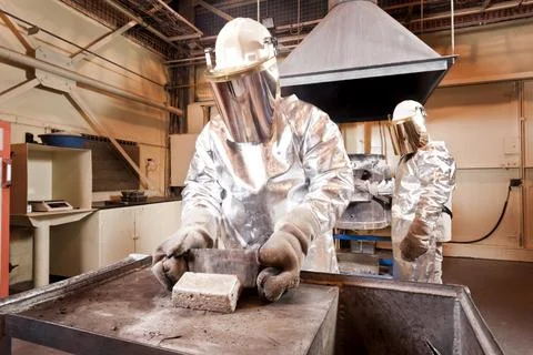 Pouring liquid gold into graphite casting form from furnace Stock Photos