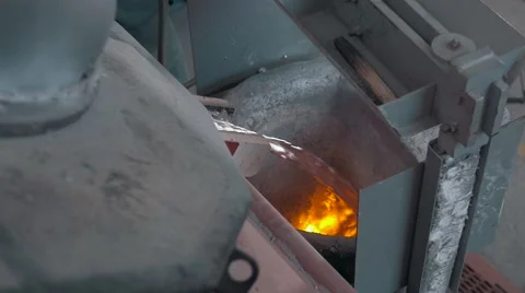Pouring of liquid metal in open hearth workshop, melted aluminum Stock Footage