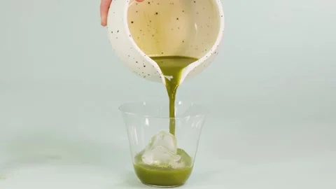 Pouring Matcha Tea Over Ice in Glass Cup Sequence Stock Footage 323680624