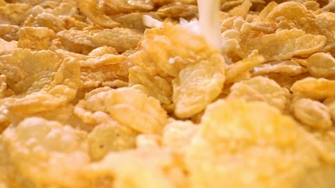 Pouring milk on cornflakes, macro shot Stock Footage 113354659