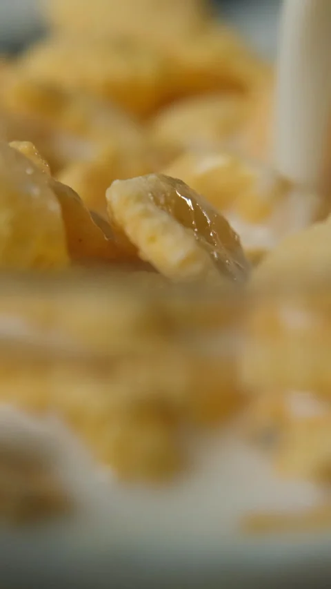 Pouring milk into cornflakes, macro shot Vídeo Stock 322220154