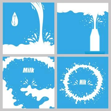 Pouring Milk Splash on Blue Background. White Creamy Liquid Drops. Fresh Farm Stock Illustration
