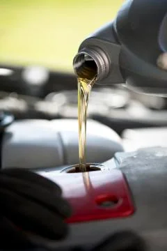 Pouring oil during a car service Stock Photos