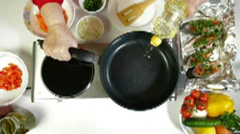 Pouring Oil On Frying Pan Stock Footage