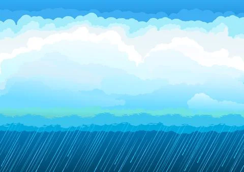 Pouring rain. Sky clouds background. Illustration in cartoon style flat desig Stock Illustration