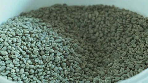 Pouring raw coffee beans with a red spatula. Vídeos de archivo 142011961