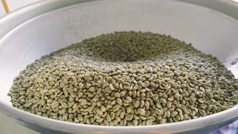 Pouring raw coffee beans into a roaster machine 库存影片 142256826