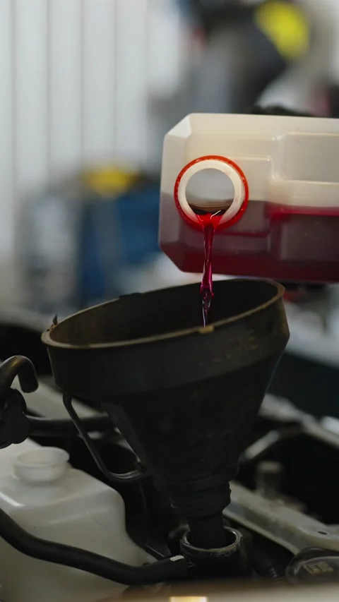 Pouring red transmission fluid from a plastic jug into funnel Stock Footage 336711399