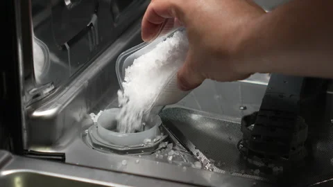Pouring regenerating salt into dishwasher reservoir close up. Stock Footage 337117053