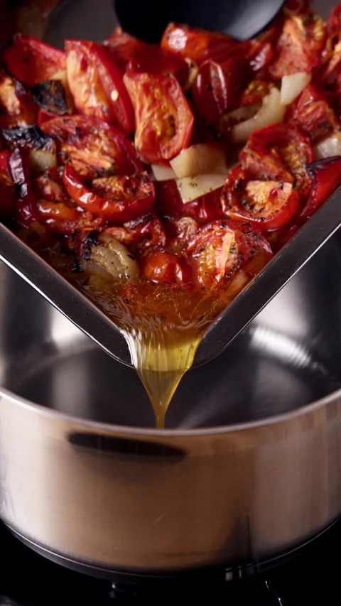 Pouring Roasted Vegetables Into Saucepan Close Up 스톡 동영상 332046175