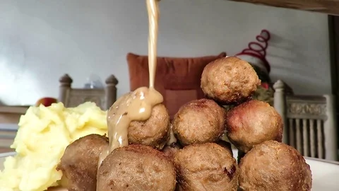 Pouring sauce on Meatballs Stock Footage 119116722