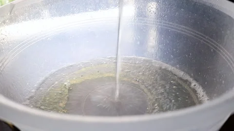 Pouring soapy water into a plastic bucket for sanitisation. Vídeos de archivo 149184795