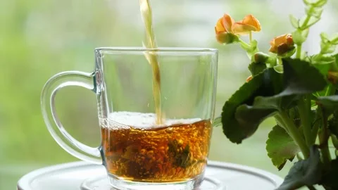 Pouring the tea with leaves of currant, lemon balm, mint, raspberry in a glass Stock Footage 131454610