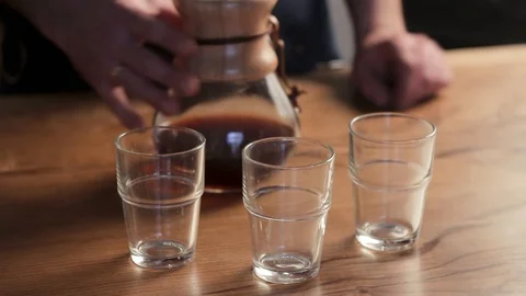 Pouring tea or coffee into cups. Barista making coffee close up. Stock Footage 126853053