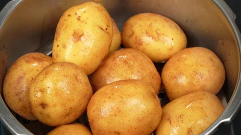 Pouring Water Over Raw Potatoes in Steamer Cooking Pot Stock Footage 343969690