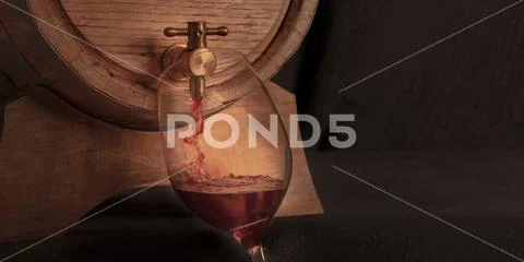 Pouring wine into a glass from an oak barrel, a toned panorama on a dark Stock Photos