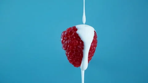 Pouring yoghurt from the top over a raspberry in Slow Motion 1000fps Vidéo 330533909