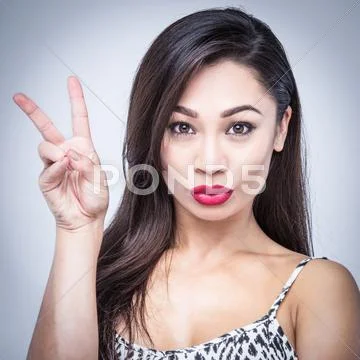 Pouting Red Lips Girl Victory Sign Stock Photos