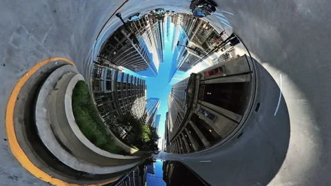 POV 360 degree tiny planet view of driving along Chicago streets in do Video stock 327252764