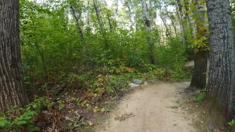 POV action camera view while mountain biking down a winding and hilly trail  Stock Footage 249347944