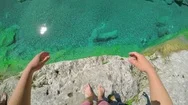 Pov Adventure Man Jumping Into Exotic Blue River Underwater On Summer Travel Stock Footage