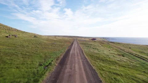 POV Aerial Driving Front View Dirt Road Iceland West Fjords Coast Stock Footage 258487925