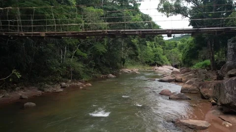 POV aerial view under a pedestrian suspension bridge following a river Stock Footage 228868630